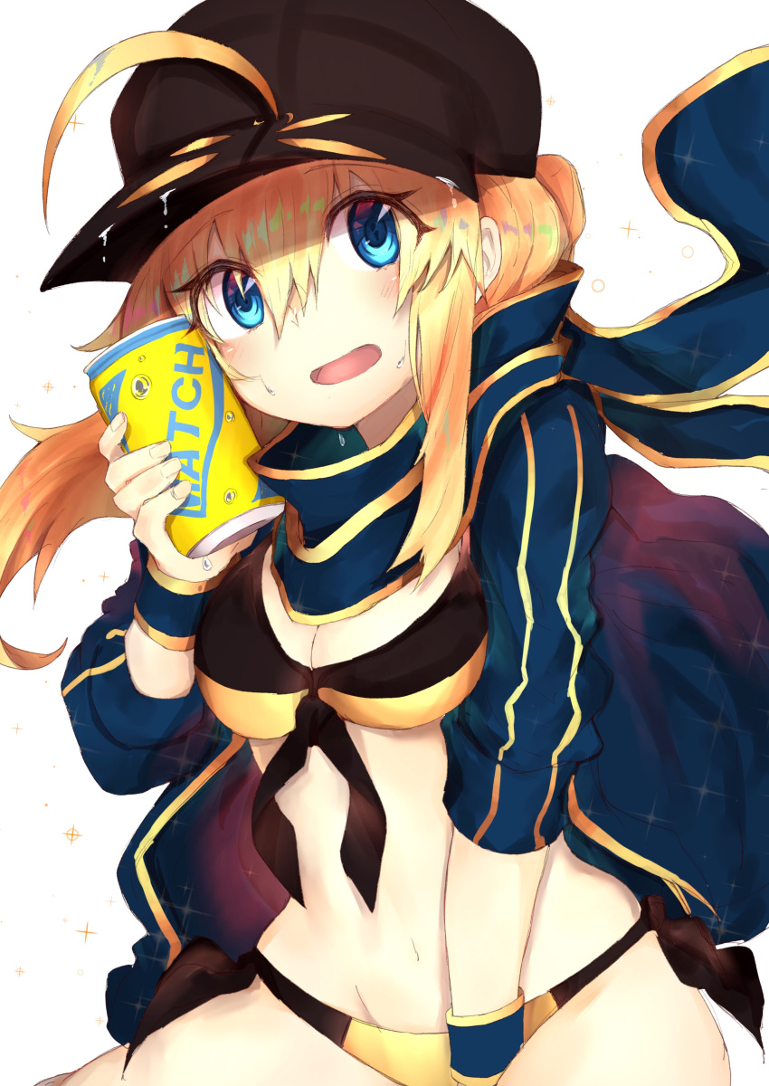 1girl absurdres ahoge baseball_cap black_hat blonde_hair blue_eyes commentary_request fate/grand_order fate_(series) hair_between_eyes hat heroine_x highres jacket long_hair looking_at_viewer open_mouth ranf saber scarf smile solo
