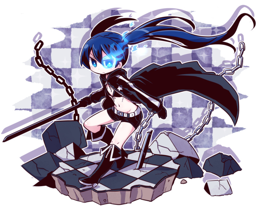 1girl black_boots black_hair black_rock_shooter black_rock_shooter_(character) blue_eyes boots chibi eyebrows_visible_through_hair high_heel_boots high_heels highres holding holding_sword holding_weapon knee_boots long_hair looking_at_viewer naga_u solo sword twintails weapon
