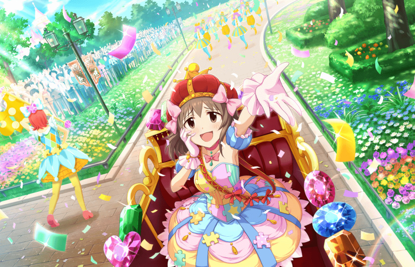 1girl :d artist_request blush confetti crown dress gem hand_on_own_cheek hand_on_own_face idolmaster idolmaster_cinderella_girls idolmaster_cinderella_girls_starlight_stage jpeg_artifacts kita_hinako official_art open_mouth puzzle_piece ribbon short_hair smile star