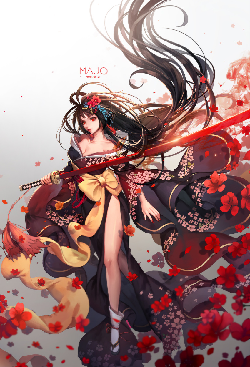 1girl absurdly_long_hair absurdres artist_name black_hair dated floral_print flower glint hair_flower hair_ornament highres holding holding_sword holding_weapon japanese_clothes katana kimono long_hair looking_at_viewer majo nail_polish parted_lips petals red_eyes red_nails sandals socks solo sword very_long_hair weapon white_legwear