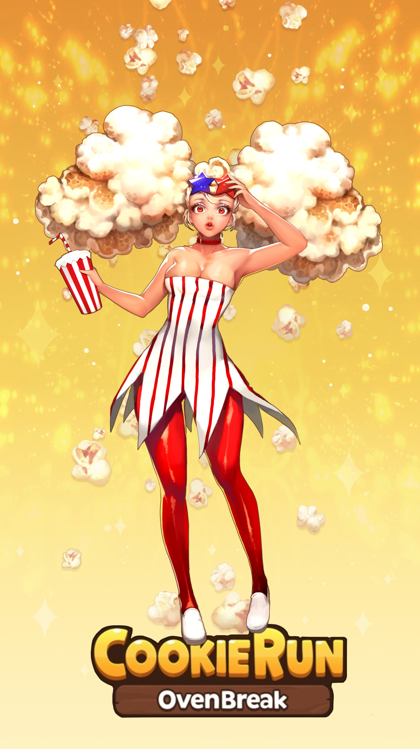 1girl :o absurdres adjusting_glasses bare_shoulders blonde_hair choker collarbone cookie_run copyright_name dress food full_body glasses glasses_on_head gradient gradient_background highres holding_drink long_hair looking_at_viewer majo orange_background popcorn popcorn_cookie red_eyes red_legwear shoes striped striped_dress sunglasses white_shoes yellow_background