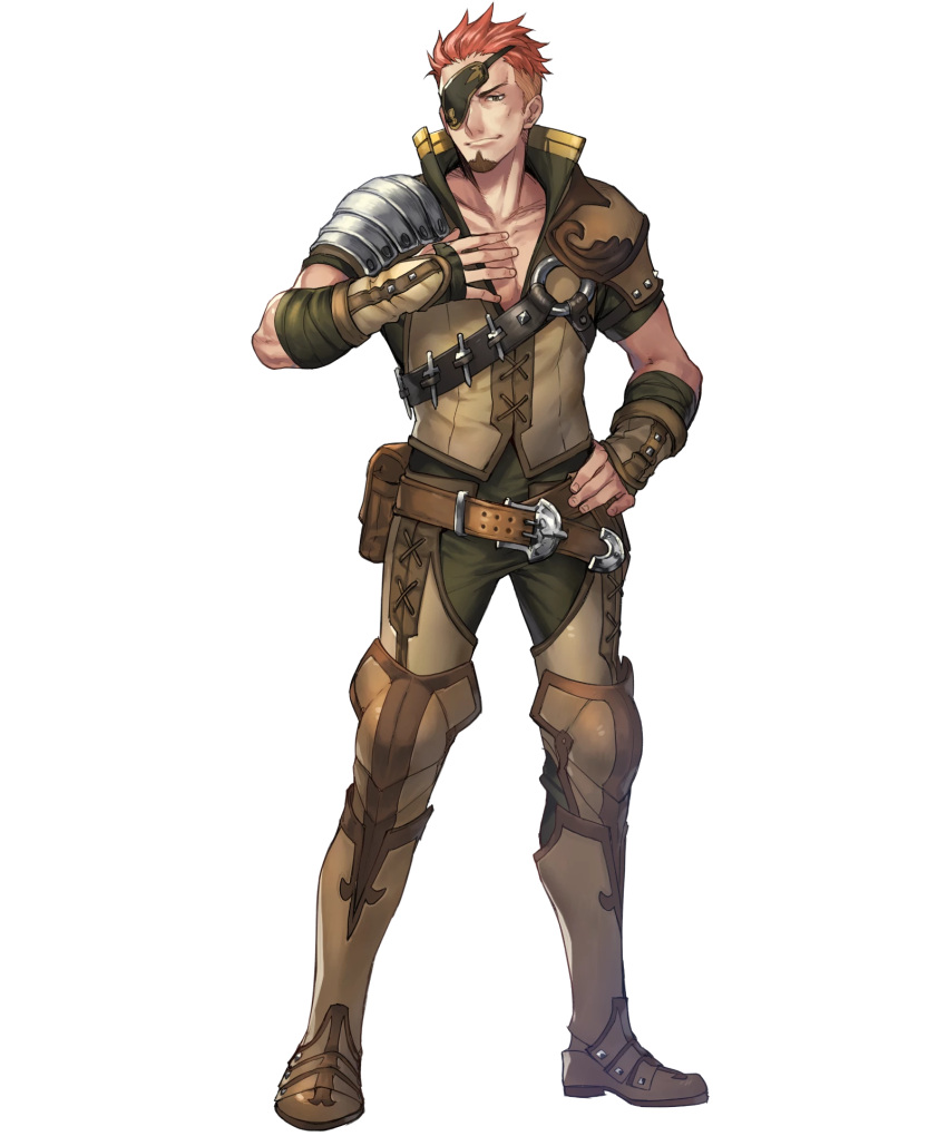 1boy armor armored_boots boots brown_eyes brown_hair collarbone eyepatch fingerless_gloves fire_emblem fire_emblem_echoes:_mou_hitori_no_eiyuuou fire_emblem_heroes full_body gloves hand_on_hip highres looking_at_viewer male_focus multicolored_hair official_art p-nekor pants redhead savor short_hair short_sleeves shoulder_armor smile solo transparent_background
