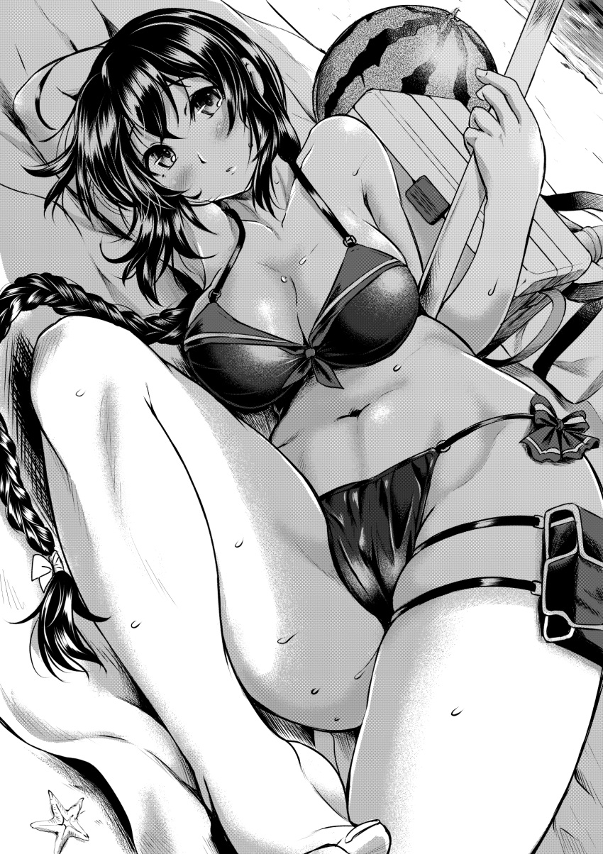 1girl arm_behind_head arm_up armpits bag bangs bare_shoulders barefoot beach bikini bow bow_bikini braid breasts cleavage collarbone commentary_request food front-tie_bikini front-tie_top fruit groin hair_ribbon highres holster kawajuu knee_up large_breasts long_hair looking_at_viewer lying midriff monochrome navel on_side original outdoors parted_lips ribbon side-tie_bikini sidelocks single_braid solo starfish stomach string_bikini sweat swimsuit thigh_holster thigh_strap toenails toes tress_ribbon very_long_hair water watermelon