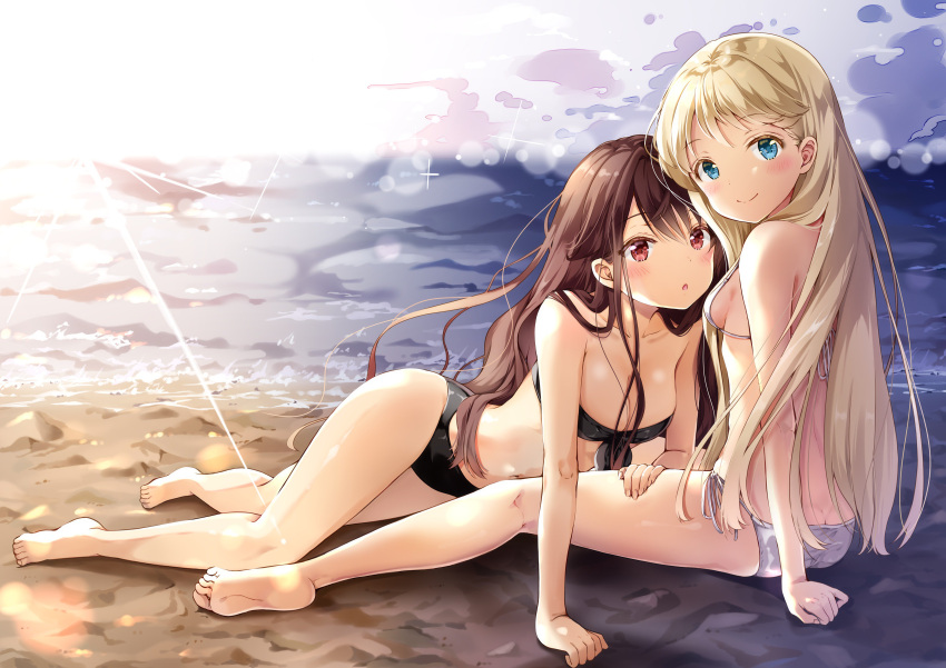 2girls :o absurdres arm arm_support bandeau bare_arms bare_legs bare_shoulders barefoot beach bikini black_bikini black_swimsuit blonde_hair blue_eyes blush breasts brown_hair c: cleavage closed_mouth feet female full_body hair_over_breasts hand_on_another's_thigh highres legs long_hair looking_at_viewer lying medium_breasts midriff multiple_girls navel open_mouth original outdoors red_eyes revision side-tie_bikini sideboob sitting small_breasts smile sparkle sunlight swimsuit white_bikini white_swimsuit yoshida_iyo yuri