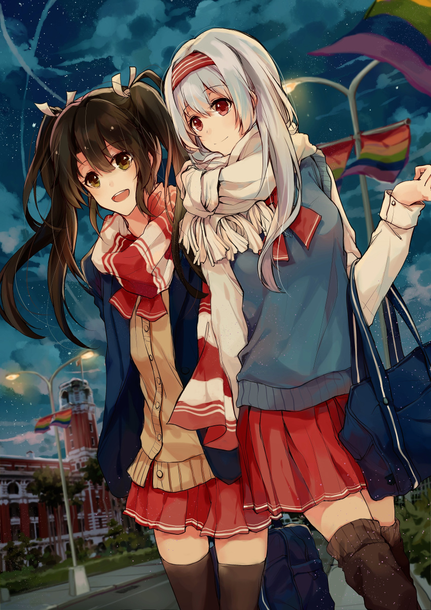 10s 2girls absurdres alternate_costume brown_eyes brown_hair commentary_request green_eyes hair_ribbon highres kantai_collection long_hair multiple_girls night outdoors rainbow_flag ribbon round_teeth scarf shoukaku_(kantai_collection) silver_hair smile sweater_vest teeth twintails uuer_(944942523) white_ribbon zuikaku_(kantai_collection)