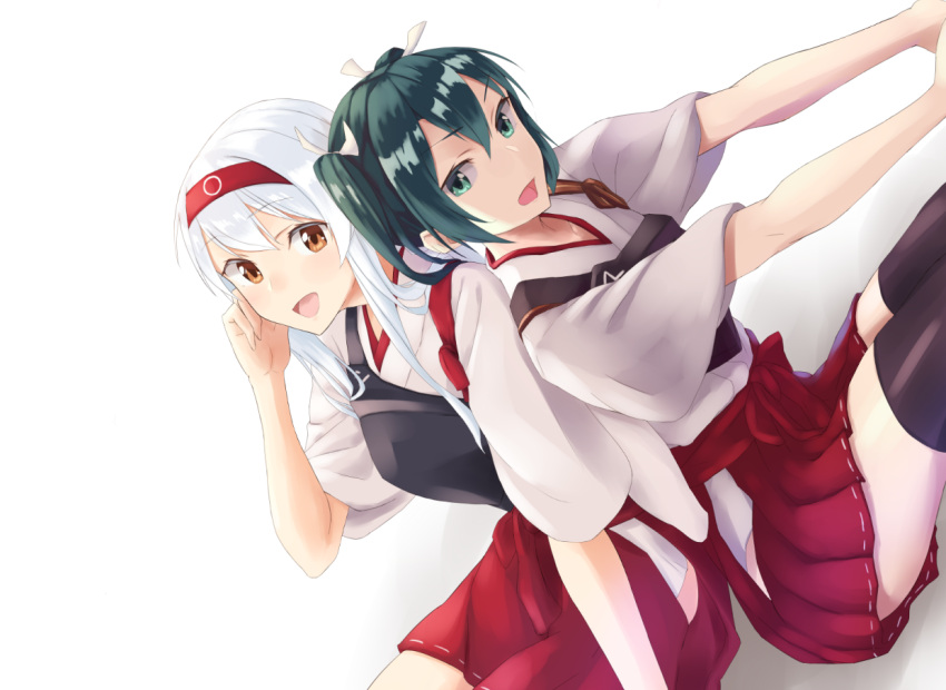 10s 2girls bangs brown_eyes commentary_request eyebrows_visible_through_hair green_eyes green_hair hairband hakama_skirt hiiragii_(hiiragi_0404) kantai_collection multiple_girls muneate red_hairband ribbon shoukaku_(kantai_collection) twintails white_background white_hair white_ribbon zuikaku_(kantai_collection)