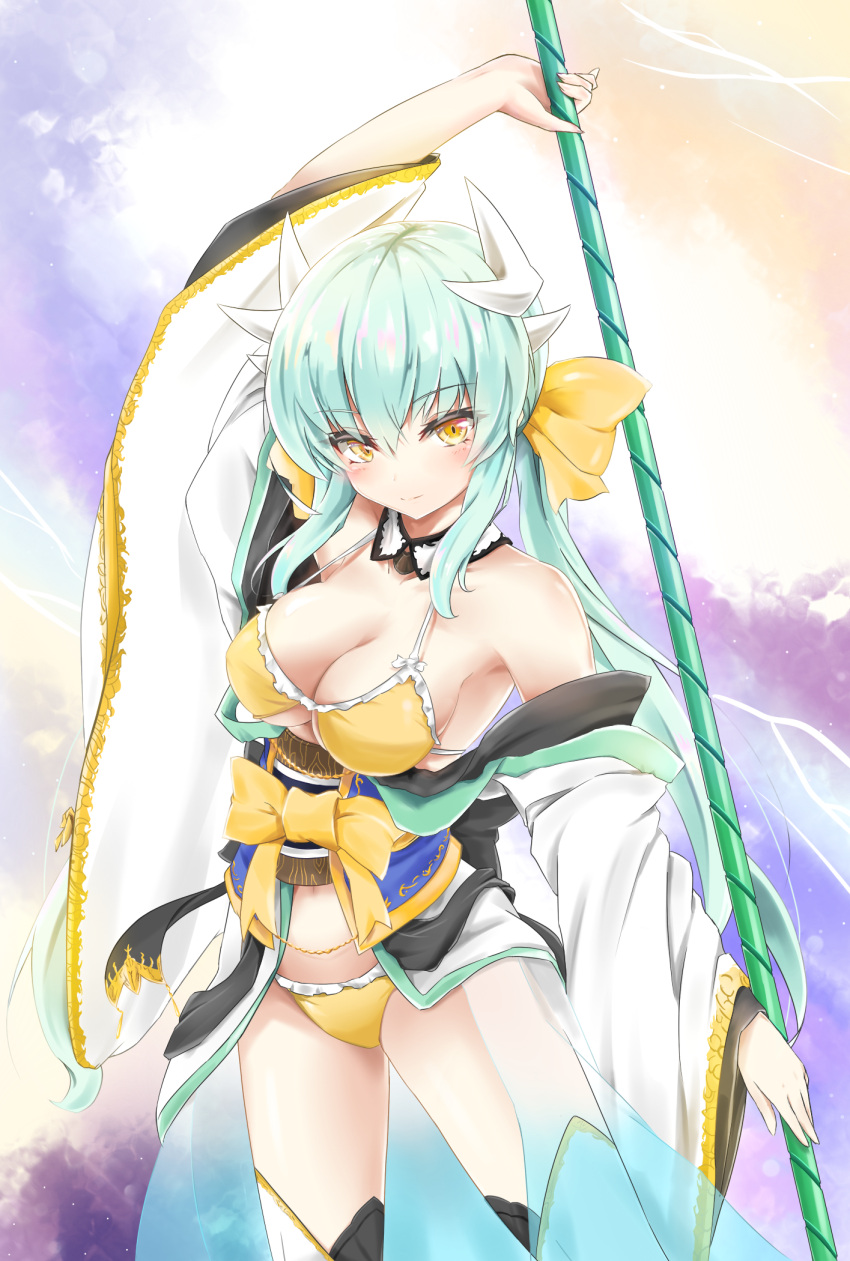 1girl arm_up bangs bare_shoulders bikini black_legwear bow breasts cleavage closed_mouth collarbone commentary_request cowboy_shot detached_collar detached_sleeves dragon_girl dragon_horns eyebrows_visible_through_hair eyelashes fate/grand_order fate_(series) fingernails green_hair hair_between_eyes hair_bow hair_ornament highres holding holding_spear holding_weapon horns japanese_clothes kiyohime_(fate/grand_order) kiyohime_(swimsuit_lancer)_(fate) large_breasts legs_apart long_hair looking_at_viewer naginata niie obi polearm ponytail sash sidelocks simple_background smile solo spear standing swimsuit thigh-highs under_boob weapon wide_sleeves yellow_bikini yellow_bow yellow_eyes yellow_swimsuit
