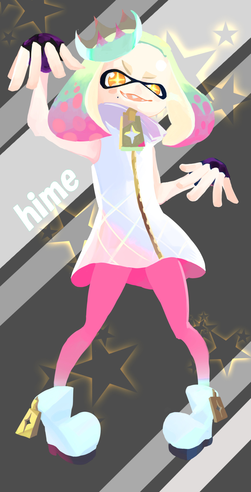 +_+ :d absurdres bare_shoulders character_name crown domino_mask dress fingerless_gloves full_body gloves highres looking_at_viewer mask mole mole_under_eye open_mouth pearl_(splatoon) pink_legwear pose sharp_teeth sleeveless sleeveless_dress smile splatoon splatoon_2 star starry_background symbol-shaped_pupils teeth tentacle_hair yellow_eyes zipper