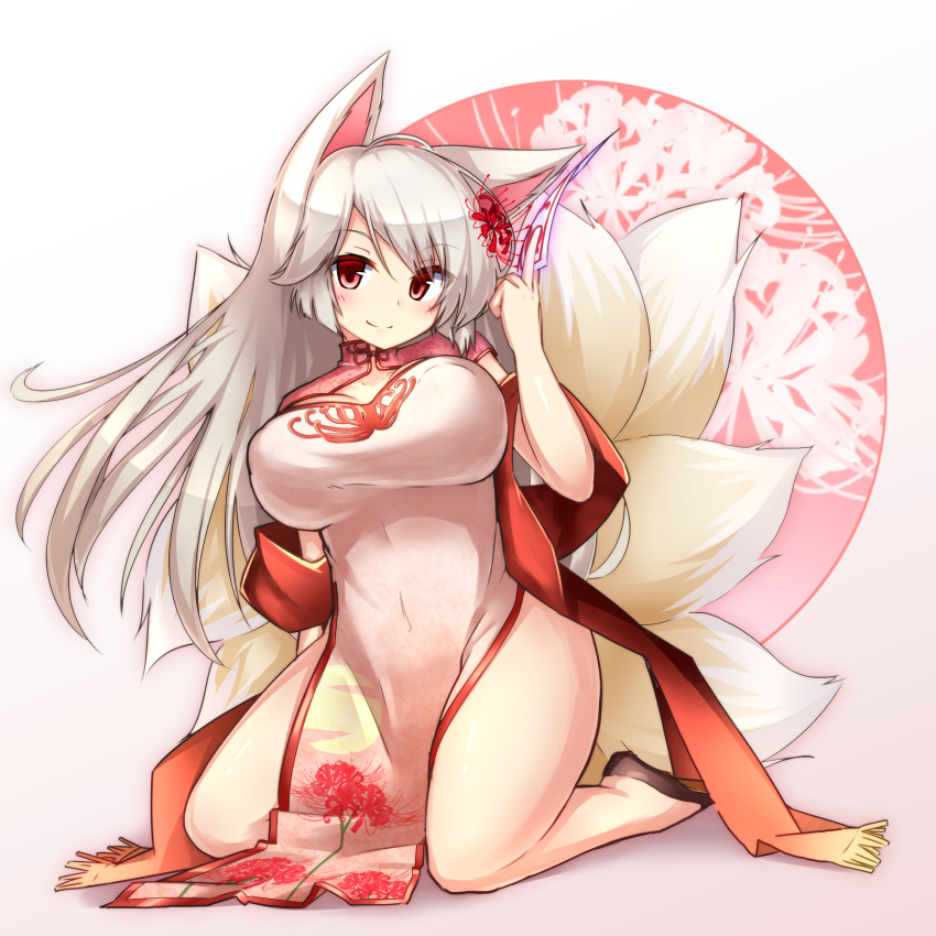1girl absurdres animal_ears black_shoes breasts floral_print flower flower_knight_girl fox_ears fox_tail full_body hair_flower hair_ornament higanbana_(flower_knight_girl) highres japanese_clothes kneeling kyuubi large_breasts long_hair looking_at_viewer multiple_tails ofuda pelvic_curtain red_eyes shoes side_slit smile solo spider_lily tail tylwing white_hair
