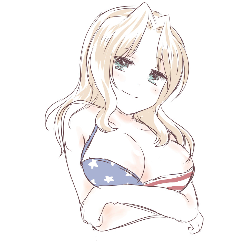 1girl absurdres american_flag_swimsuit blonde_hair blush breasts cleavage cropped_torso crossed_arms girls_und_panzer green_eyes hair_intakes highres kay_(girls_und_panzer) large_breasts long_hair sketch smile solo upper_body white_background