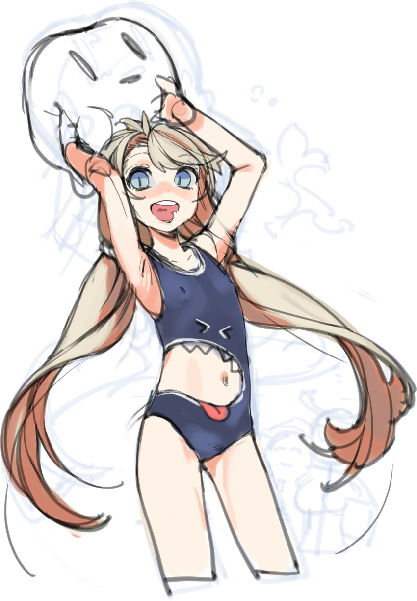1girl :d absurdres arms_up blonde_hair blue_eyes character_request commentary copyright_request cowboy_shot cropped_legs highres long_hair looking_at_viewer low_twintails navel navel_cutout one-piece_swimsuit open_mouth petite sketch smile solo swimsuit twintails very_long_hair wntame