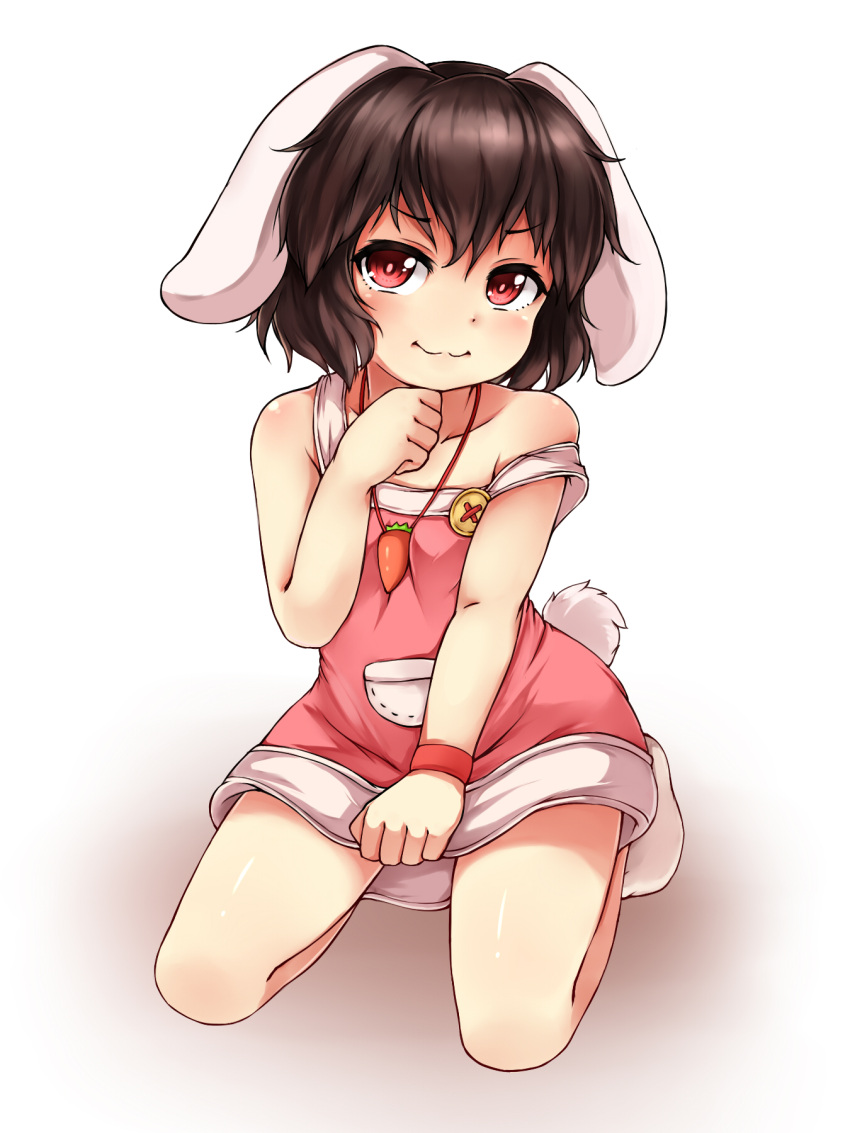 1girl :3 alternate_costume animal_ears bangs bunny_tail bushi_(1622035441) carrot_necklace dress full_body highres inaba_tewi jewelry kneeling looking_at_viewer necklace off_shoulder pink_dress pocket rabbit_ears red_eyes shadow short_dress short_hair simple_background smile socks solo tail touhou white_background white_legwear wristband
