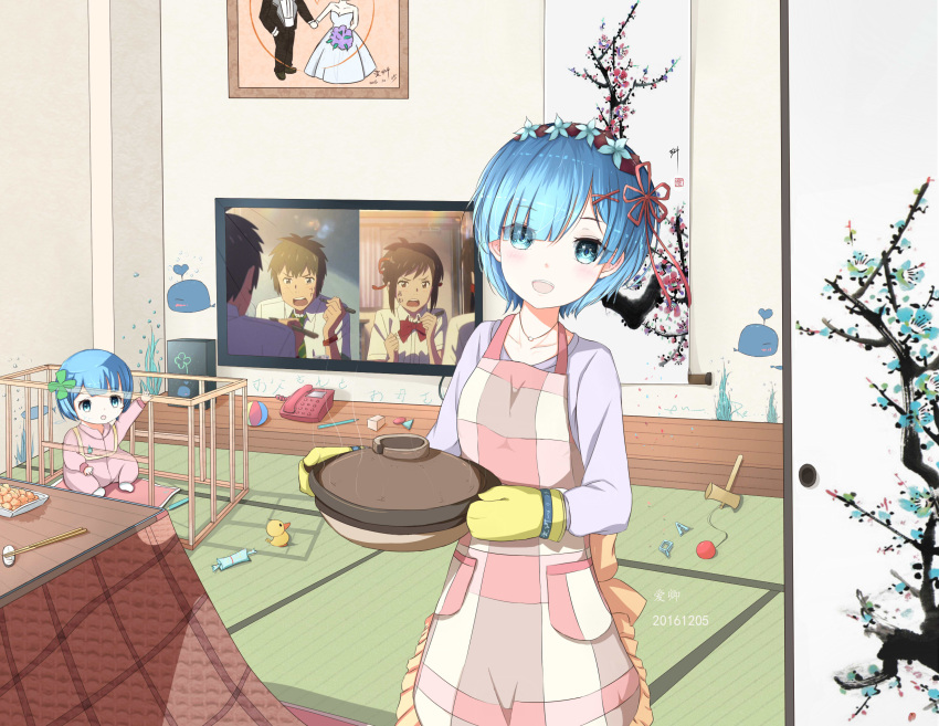 2girls aiqing apron ball blue_eyes blue_hair blush character_request chopsticks crib dated eyebrows_visible_through_hair eyes_visible_through_hair hair_ornament highres kimi_no_na_wa looking_at_viewer maid_headdress multiple_girls open_mouth oven_mitts phone re:zero_kara_hajimeru_isekai_seikatsu rem_(re:zero) rubber_duck short_hair signature smile table toddler x_hair_ornament