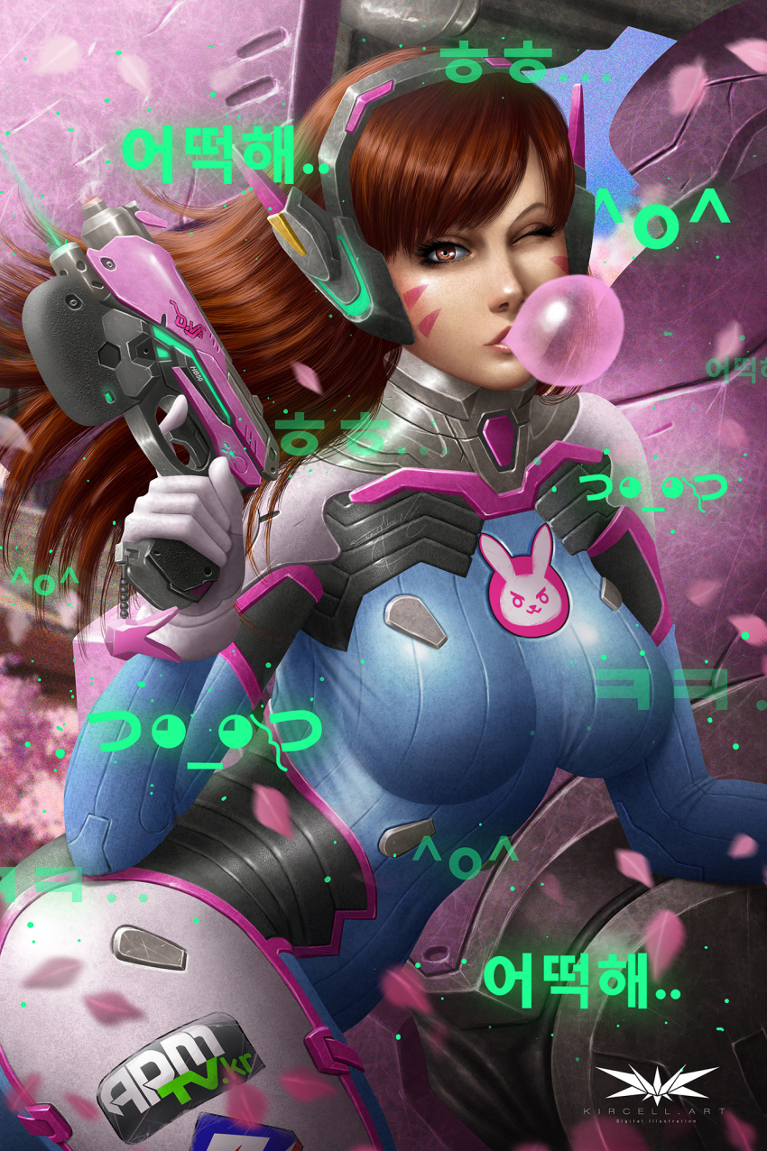 1girl animal_print bangs blue_bodysuit blurry bodysuit breasts brown_eyes brown_hair bubble_blowing bunny_print character_name charm_(object) chewing_gum clothes_writing d.va_(overwatch) depth_of_field emblem emoticon enrique_marcell facepaint facial_mark finger_on_trigger gloves gun handgun headphones high_collar highres holding holding_gun holding_weapon hologram korean leaning_forward long_hair looking_at_viewer making_of mecha medium_breasts meka_(overwatch) one_eye_closed overwatch petals pilot_suit pink_lips pistol ribbed_bodysuit shoulder_pads skin_tight smoke smoking_gun solo swept_bangs translation_request twisted_torso watermark weapon whisker_markings white_gloves