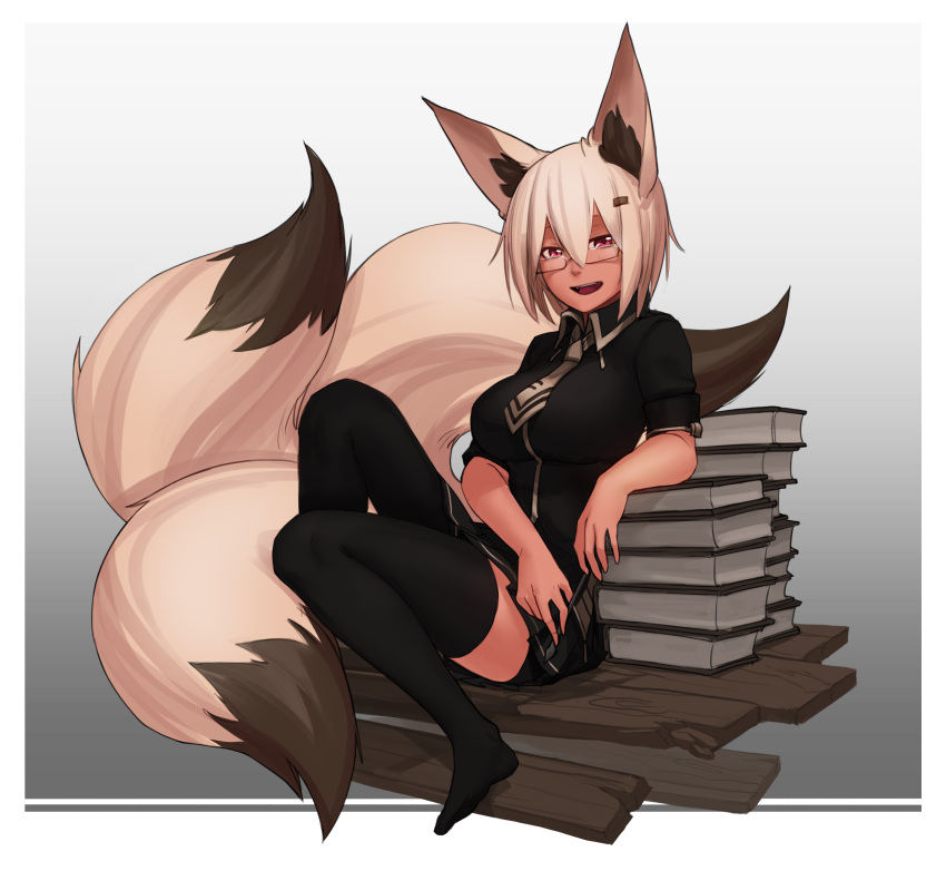 1girl absurdres animal_ears black_legwear black_shirt blonde_hair book book_stack fox_ears fox_tail glasses hair_ornament hairclip highres kitsune less looking_at_viewer multiple_tails necktie no_shoes open_mouth original pen pink_eyes semi-rimless_glasses shirt short_hair sitting skirt solo tail thigh-highs under-rim_glasses