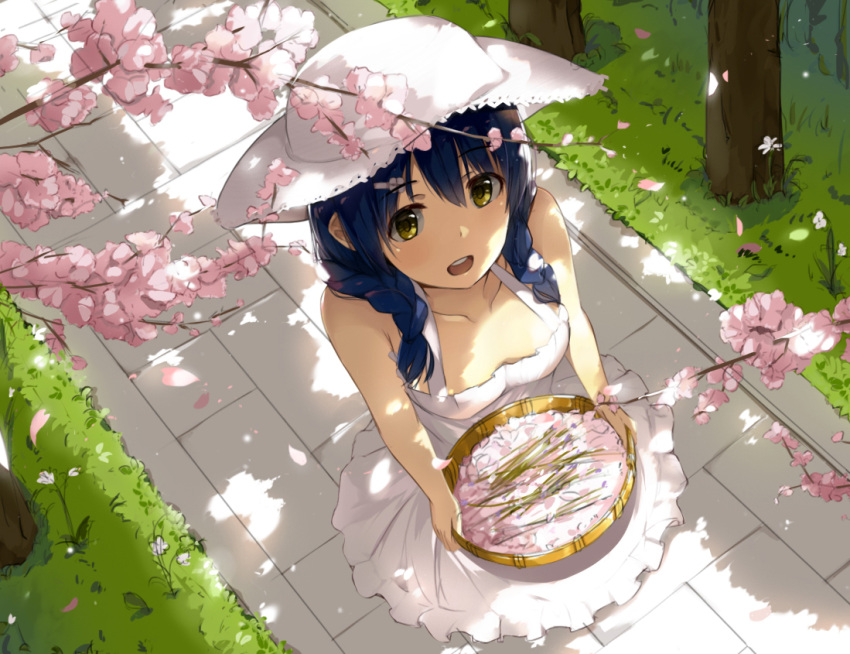 1girl :d bare_shoulders blue_hair braid breasts cherry_blossoms collarbone dress from_above grass hat looking_at_viewer medium_breasts nature niii_(memstapak) open_mouth outdoors petals shokugeki_no_souma smile solo sun_hat sundress tadokoro_megumi tree twin_braids white_dress white_hat yellow_eyes