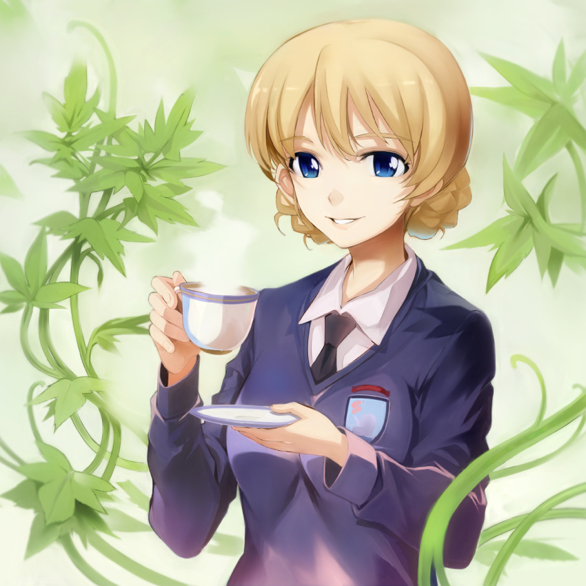 1girl bangs black_necktie blonde_hair blue_eyes blue_sweater braid cup darjeeling dress_shirt emblem eyebrows_visible_through_hair girls_und_panzer highres holding ivy long_sleeves looking_at_viewer miyo_(13th_floor) necktie parted_lips saucer school_uniform shirt short_hair smile solo st._gloriana's_(emblem) st._gloriana's_school_uniform standing steam sweater teacup tied_hair twin_braids upper_body v-neck white_shirt