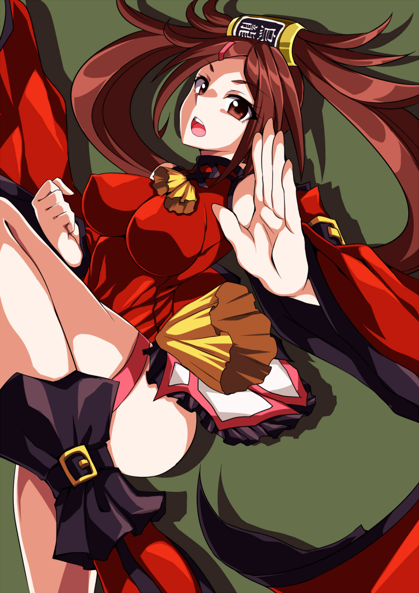 1girl bare_shoulders boots breasts brown_eyes brown_hair china_dress chinese_clothes commentary_request detached_sleeves dress guilty_gear guilty_gear_xrd hair_ornament hair_ring highres kuradoberi_jam large_breasts long_hair open_mouth shangorilla skirt solo twintails very_long_hair