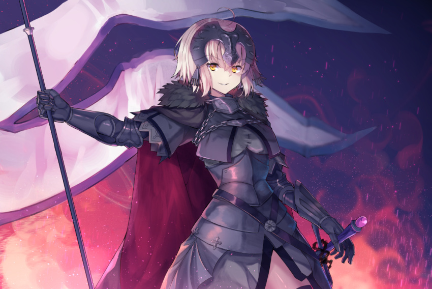 1girl ahoge armor breasts eyebrows_visible_through_hair fate/grand_order fate_(series) holding_flag hopepe jeanne_alter large_breasts looking_at_viewer parted_lips ruler_(fate/apocrypha) short_hair smile solo sword weapon white_hair yellow_eyes