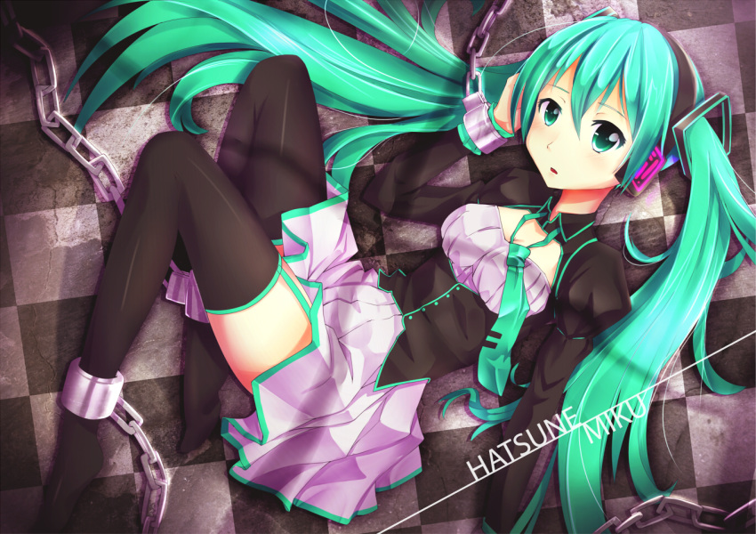 1girl alternate_costume ankle_cuffs blush chained chains character_name checkered checkered_floor garter_straps green_eyes green_hair hatsune_miku headset long_hair looking_at_viewer loose_necktie necktie packge solo thigh-highs thighs twintails vocaloid