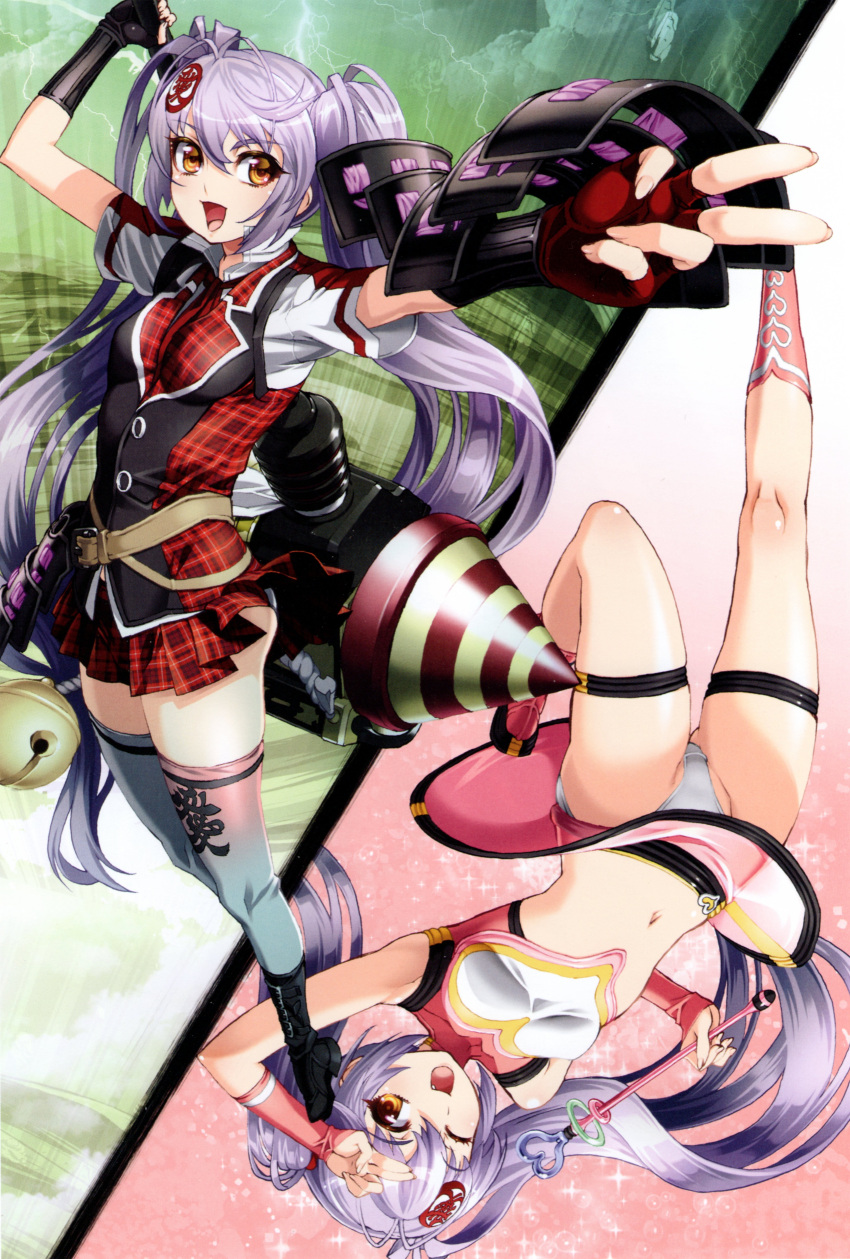 1girl absurdres alternate_costume armpits bangs black_boots boots breasts eyebrows_visible_through_hair fingerless_gloves gloves hair_ornament hammer highres holding holding_weapon huge_weapon hyakka_ryouran_samurai_girls knee_boots lavender_hair long_hair medium_breasts midriff miniskirt naoe_kanetsugu_(hyakka_ryouran) navel necktie one_eye_closed open_mouth panties pleated_skirt purple_legwear skirt sleeveless smile sparkle thigh-highs twintails underwear very_long_hair weapon yellow_eyes zettai_ryouiki