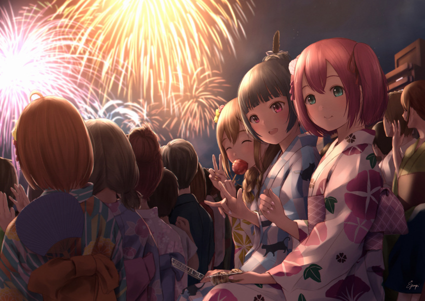 6+girls blue_hair blush brown_hair candy_apple fireworks food grey_hair hair_ornament japanese_clothes kimono kunikida_hanamaru kurosawa_ruby long_hair love_live! love_live!_sunshine!! multiple_girls papi_(papiron100) redhead sakurauchi_riko short_hair smile takami_chika takoyaki tsushima_yoshiko twintails violet_eyes watanabe_you yukata