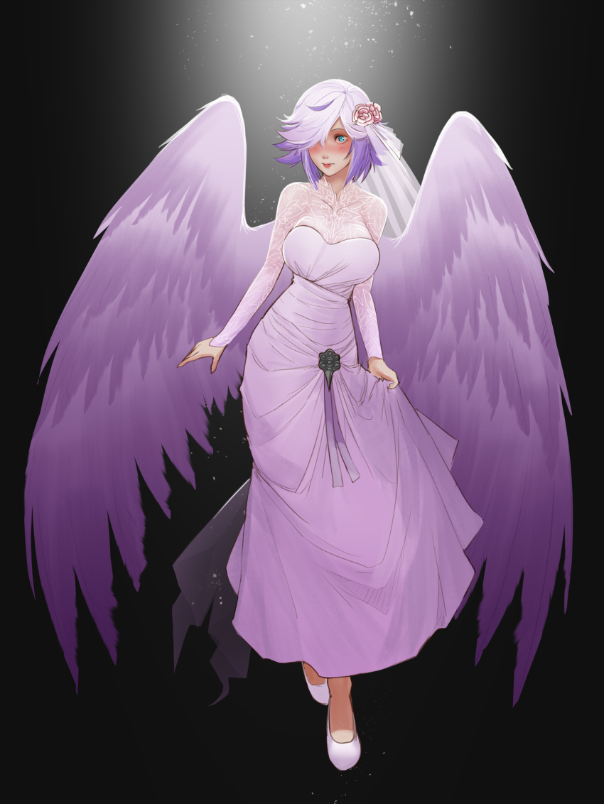 1girl absurdres angel angel_wings black_background blue_eyes blue_hair blush cupid_(monster_girl_encyclopedia) dress flower hair_flower hair_ornament hair_over_one_eye highres holding_dress huge_filesize less light_particles looking_at_viewer monster_girl monster_girl_encyclopedia one_eye_covered purple_feathers purple_wedding_dress simple_background solo wedding_dress wings