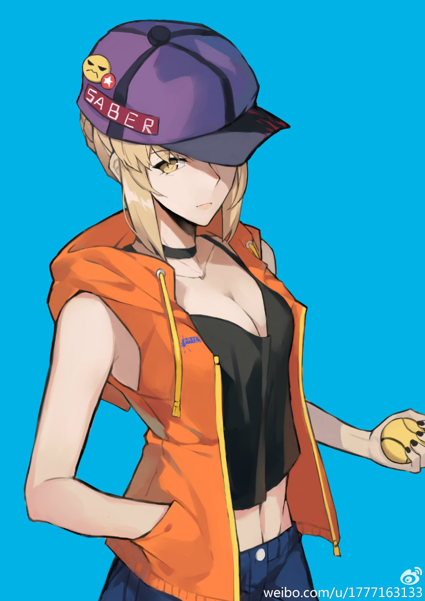 1girl absurdres artoria_pendragon_alter_(fate/grand_order) bare_shoulders baseball baseball_cap blonde_hair blue_background breasts choker cleavage closed_mouth crop_top fate/grand_order fate_(series) hand_in_pocket hat highres hood hooded_jacket hoodie jacket kamisa looking_at_viewer looking_away medium_breasts midriff nail_polish open_clothes open_hoodie open_jacket saber saber_alter short_hair simple_background sleeveless_jacket solo standing tank_top watermark web_address yellow_eyes