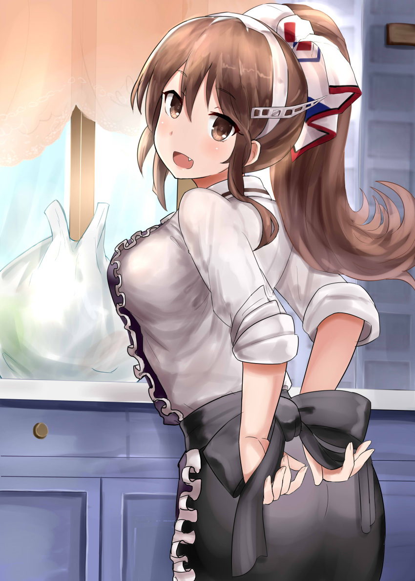 10s 1girl :d absurdres alternate_hairstyle apron ashigara_(kantai_collection) black_apron black_skirt brown_eyes brown_hair drawer fang frilled_apron frills from_behind hairband highres indoors kantai_collection long_hair long_sleeves okitsugu open_mouth ponytail shirt skirt smile solo white_hairband white_shirt