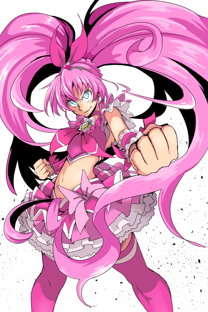 1girl absurdres blue_eyes bow brooch clenched_hand cowboy_shot crop_top cure_melody fighting_stance frilled_skirt frills grin hair_bow hairband highres houjou_hibiki jersey_68 jewelry long_hair looking_at_viewer magical_girl midriff navel pink pink_bow pink_choker pink_hair pink_legwear precure skirt smile solo suite_precure thigh-highs twintails white_background wrist_cuffs