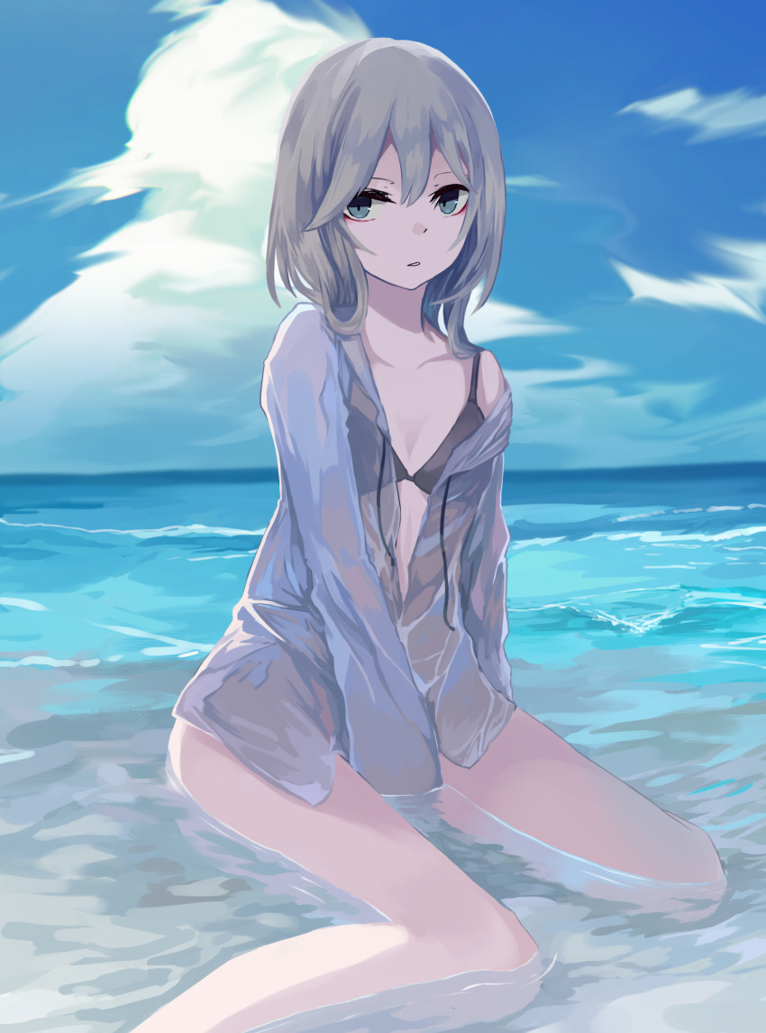 1girl absurdres bikini_top black_bikini_top blue_eyes blue_sky clouds cloudy_sky collarbone commentary_request day grey_hair hair_between_eyes highres horizon long_hair looking_at_viewer ocean off_shoulder ogami_ren open_clothes open_shirt original outdoors parted_lips see-through shirt sitting sky solo wariza water wet wet_clothes white_shirt