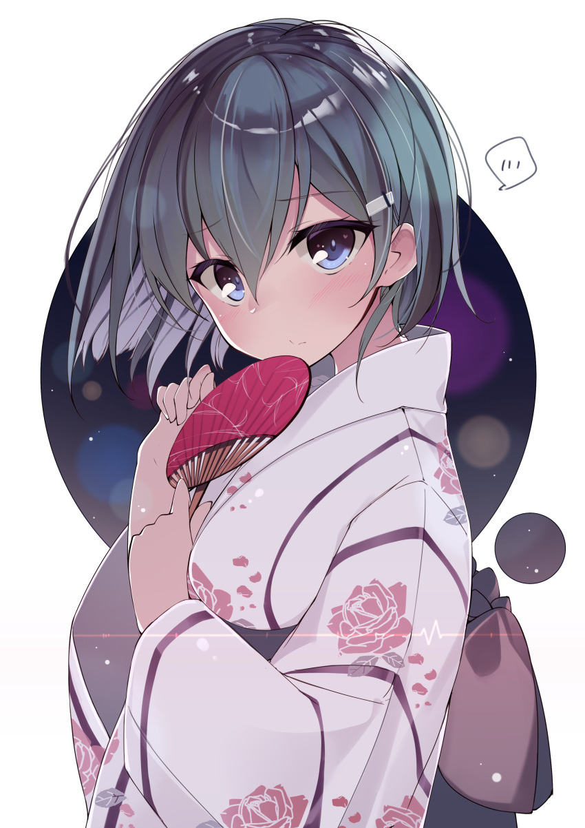10s 1girl absurdres alternate_hair_length alternate_hairstyle blue_eyes blush commentary_request fan floral_print green_hair hair_ornament hairclip highres japanese_clothes kantai_collection kimono looking_at_viewer netarou paper_fan short_hair simple_background solo suzuya_(kantai_collection) uchiwa white_background