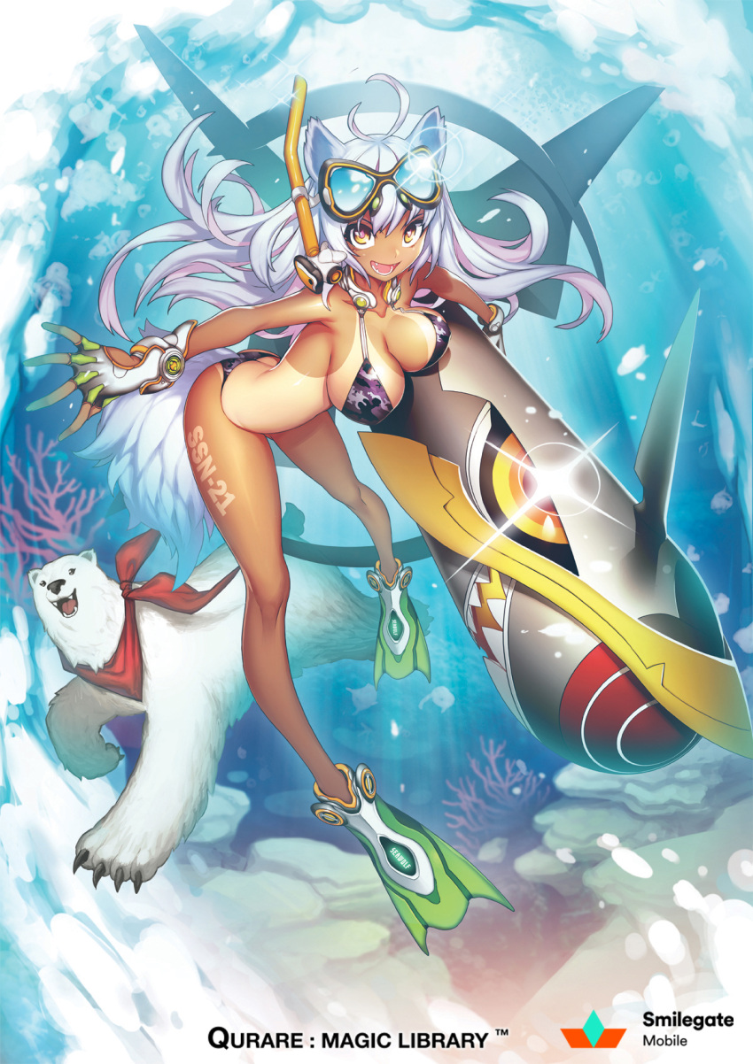 1girl :d ahoge animal_ears arched_back bear bikini breasts brown_eyes camouflage camouflage_bikini cleavage diving_mask fingerless_gloves flippers glint gloves goggles goggles_on_head highres large_breasts octoman one-piece_tan open_mouth polar_bear qurare_magic_library silver_hair smile snorkel solo string_bikini swimsuit tail tan tanline torpedo