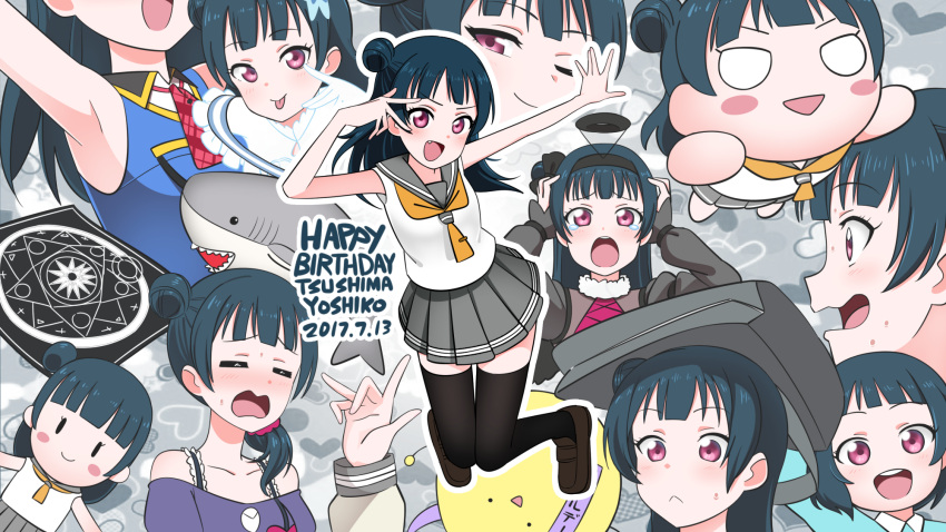 1girl :p bangs black_legwear blue_hair blush deadnooodles expressions hair_bun happy_birthday highres long_hair looking_at_viewer love_live! love_live!_sunshine!! magic_circle multiple_persona open_mouth school_uniform serafuku shark side_bun smile tears thigh-highs tongue tongue_out tsushima_yoshiko uranohoshi_school_uniform violet_eyes