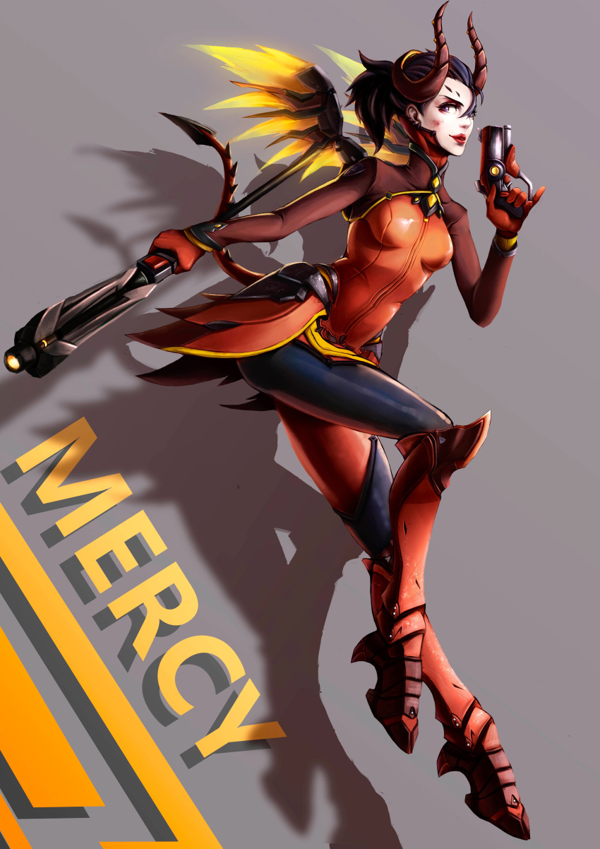 1girl absurdres alternate_costume black_hair black_legwear bodysuit breasts character_name dark_persona demon_horns demon_tail devil_mercy facial_mark faulds finger_on_trigger floating forehead_mark full_body gloves glowing glowing_wings greaves grey_background grossic gun hair_between_eyes hair_tie handgun highres holding holding_gun holding_staff holding_weapon horns looking_at_viewer looking_to_the_side mechanical_wings mercy_(overwatch) nose one_leg_raised orange_wings overwatch pantyhose parted_lips pelvic_curtain pinky_out pistol ponytail red_bodysuit red_gloves red_lips shadow simple_background small_breasts smile solo staff tail violet_eyes weapon wings