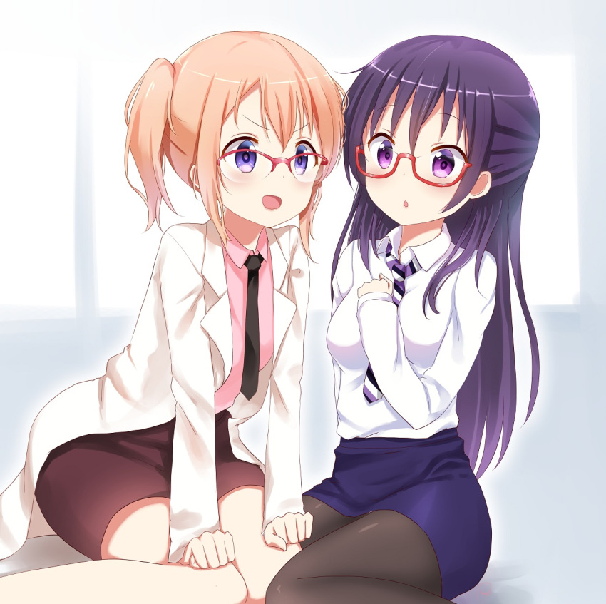 2girls :o alternate_costume alternate_hairstyle bangs black_necktie blue_skirt blush breasts brown_skirt coat collared_shirt commentary_request eye_contact glasses gochuumon_wa_usagi_desu_ka? hair_between_eyes hair_down hand_on_own_chest hands_on_own_legs highres hoto_cocoa leaning_forward long_hair long_sleeves looking_at_another looking_at_viewer medium_breasts multiple_girls necktie open_mouth orange_hair over-rim_glasses pencil_skirt pink_shirt piripun ponytail purple_hair red-framed_eyewear semi-rimless_glasses shirt short_hair sidelocks sitting skirt smile striped striped_necktie tedeza_rize two-tone_background under-rim_glasses violet_eyes wariza white_coat white_shirt wing_collar