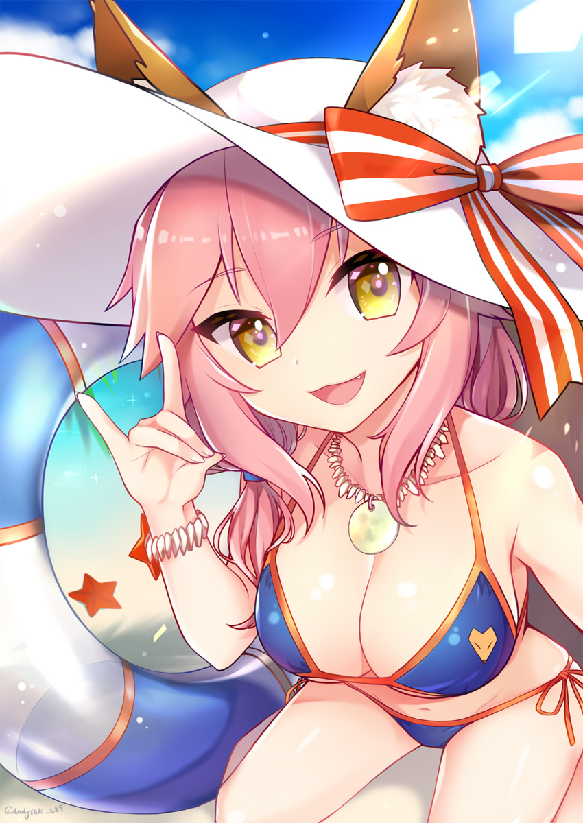 1girl animal_ears bikini blue_bikini blush breasts cleavage collarbone day ears_through_headwear fate/extra fate/grand_order fate_(series) fox_ears fox_shadow_puppet fox_tail garcon_meteor hat highres large_breasts long_hair looking_at_viewer nature navel ocean outdoors pink_hair solo swimsuit tail tamamo_(fate)_(all) tamamo_no_mae_(swimsuit_lancer)_(fate) yellow_eyes