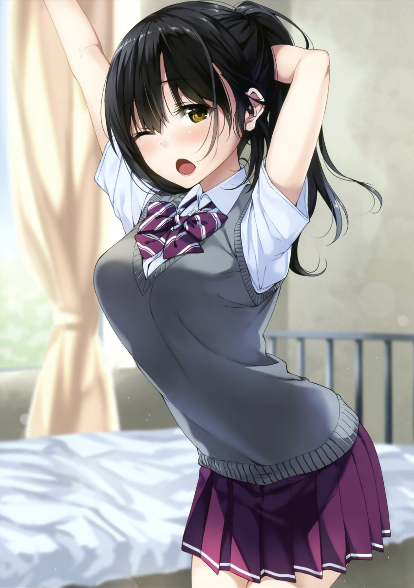 1girl ;o absurdres arm_behind_head arms_up bangs bed bed_sheet black_hair bow bowtie breasts buttons collared_dress cowboy_shot curtains day dress dress_shirt eyebrows_visible_through_hair grey_vest hair_between_eyes half-closed_eyes hand_in_hair highres indoors legs_together lens_flare long_hair looking_at_viewer miniskirt one_eye_closed open_mouth original pink_lips pleated_skirt ponytail purple_bow purple_bowtie purple_skirt school_uniform shirt short_sleeves skirt solo standing stretch striped striped_bow striped_bowtie unasaka_ryou vest white_dress window wing_collar yawning yellow_eyes