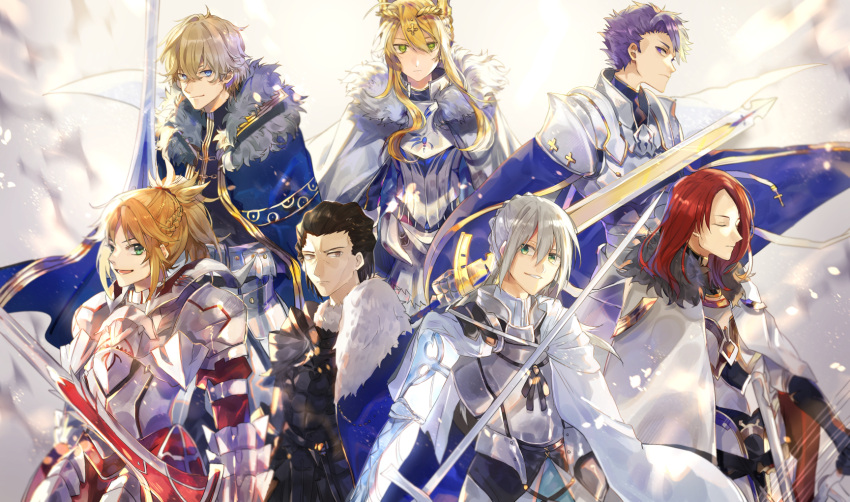 2girls 5boys :d agravain_(fate/grand_order) airgetlam armor artoria_pendragon_lancer_(fate/grand_order) bangs bedivere black_armor black_hair black_shirt blonde_hair blue_cape blue_cloak blue_eyes bow_(weapon) braid breastplate cape chains clarent closed_eyes closed_mouth commentary_request cross crown excalibur_galatine expressionless fate/extra fate/grand_order fate_(series) french_braid fur-trimmed_cloak gauntlets gawain_(fate/extra) glowing green_eyes grey_eyes grin hair_between_eyes hair_slicked_back highres holding holding_bow_(weapon) holding_sword holding_weapon knights_of_the_round_table_(fate) lancelot_(fate/grand_order) long_sleeves looking_at_viewer multiple_boys multiple_girls open_mouth pauldrons ponytail prosthesis prosthetic_arm purple_hair redhead saber saber_of_red shiny shiny_hair shirt short_ponytail sidelocks silver_hair smile spiky_hair standing sword tristan_(fate/grand_order) tsugutoku uniform violet_eyes weapon white_cloak