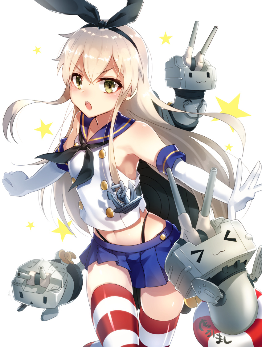 &gt;:o &gt;_&lt; 173_roku :3 :o anchor_hair_ornament armpits bangs bare_shoulders black_hairband black_neckerchief black_panties blonde_hair blue_skirt blush breasts clenched_hand collarbone commentary_request cowboy_shot crop_top elbow_gloves gloves hair_between_eyes hair_ornament hairband highleg highleg_panties highres kantai_collection lifebuoy long_hair looking_at_viewer microskirt midriff navel neckerchief open_mouth outstretched_arms panties rensouhou-chan sailor_collar school_uniform serafuku shimakaze_(kantai_collection) shirt sidelocks skirt sleeveless sleeveless_shirt small_breasts star striped striped_legwear thigh-highs underwear white_background white_gloves white_shirt yellow_eyes |_|