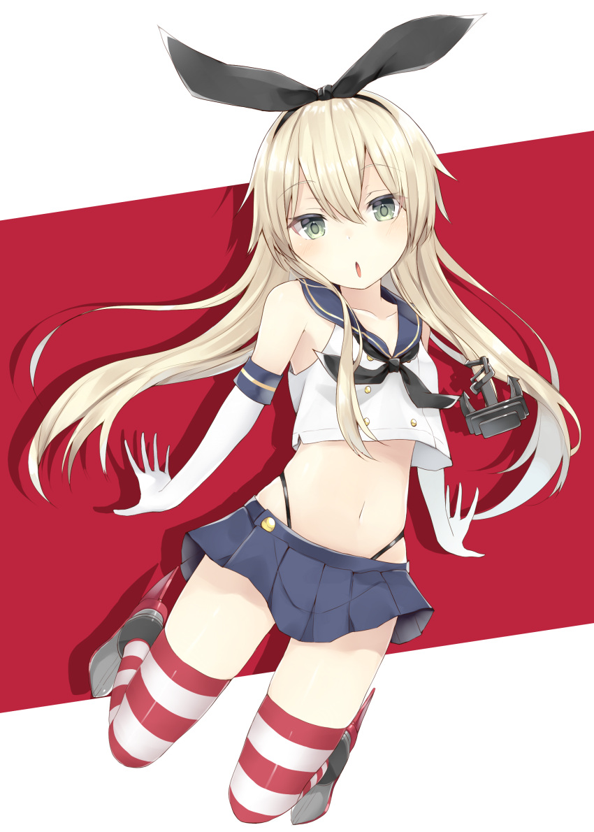 1girl :o absurdres anchor_hair_ornament bangs black_hairband black_neckerchief black_panties blonde_hair blue_skirt blush breasts commentary_request crop_top elbow_gloves eyebrows_visible_through_hair full_body gloves hair_ornament hairband highleg highleg_panties highres jumping kantai_collection komomo_(ptkrx) long_hair looking_at_viewer microskirt midriff navel neckerchief open_mouth panties sailor_collar school_uniform serafuku shadow shimakaze_(kantai_collection) shirt skirt sleeveless sleeveless_shirt small_breasts solo striped striped_legwear thigh-highs two-tone_background underwear white_gloves white_shirt