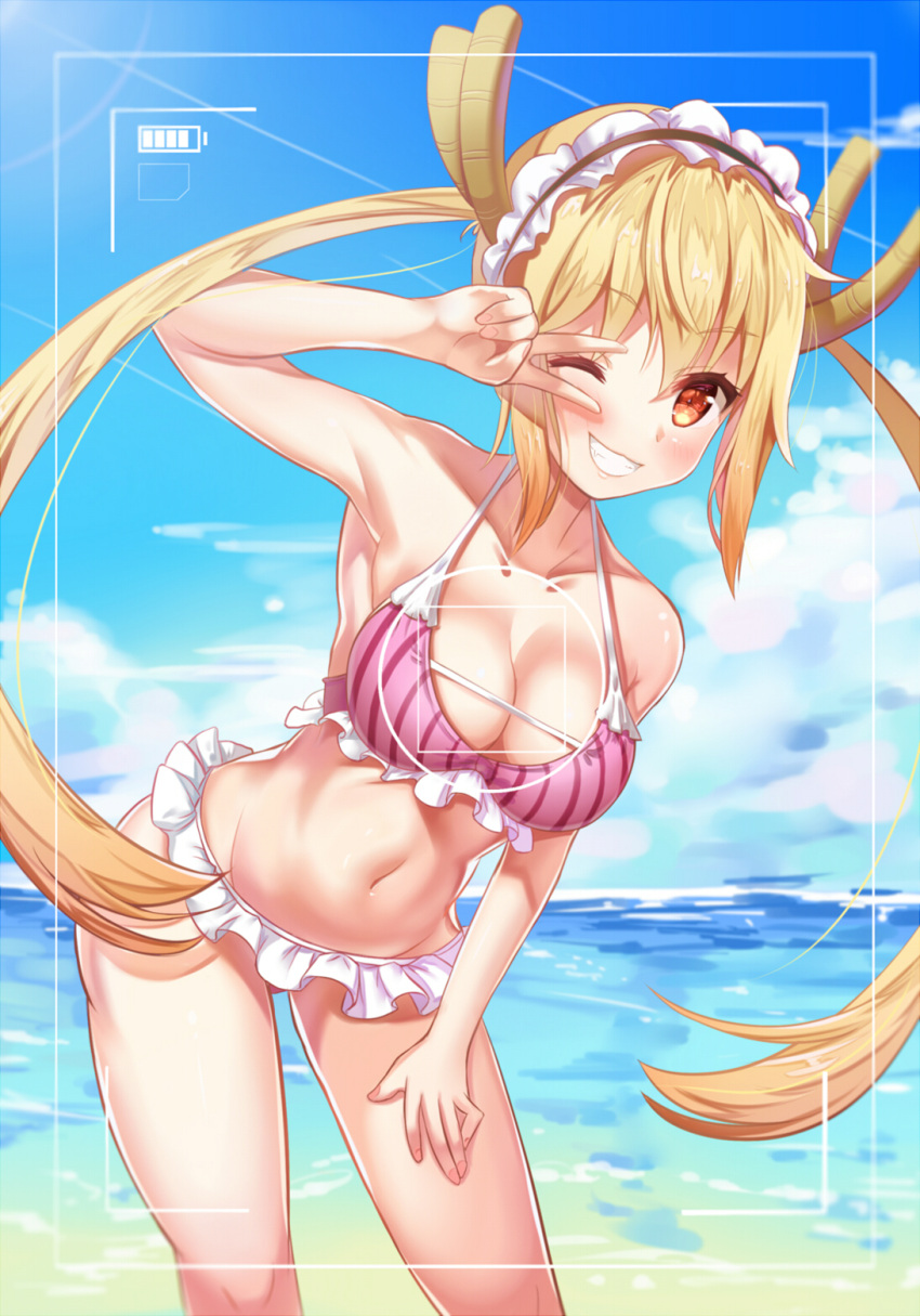 1girl beach bikini blonde_hair blush breasts brown_eyes clouds collarbone commentary_request day eyebrows_visible_through_hair frilled_bikini frills grin groin hair_between_eyes halterneck hand_on_own_thigh highres kobayashi-san_chi_no_maidragon large_breasts leaning_forward leaning_to_the_side long_hair maid_headdress navel one_eye_closed outdoors pink_bikini pupupu_(1053378452) sky smile solo standing striped striped_bikini sunlight swimsuit tooru_(maidragon) twintails v_over_eye very_long_hair viewfinder water