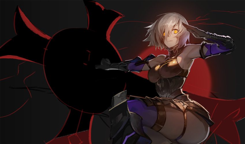 armor armpits arms_up breasts closed_mouth dark_persona elbow_gloves fate/grand_order fate_(series) gloves greaves hair_over_one_eye leg_up leotard looking_at_viewer medium_breasts olys purple_legwear shield shielder_(fate/grand_order) short_hair silver_hair thigh-highs thigh_strap vambraces yellow_eyes