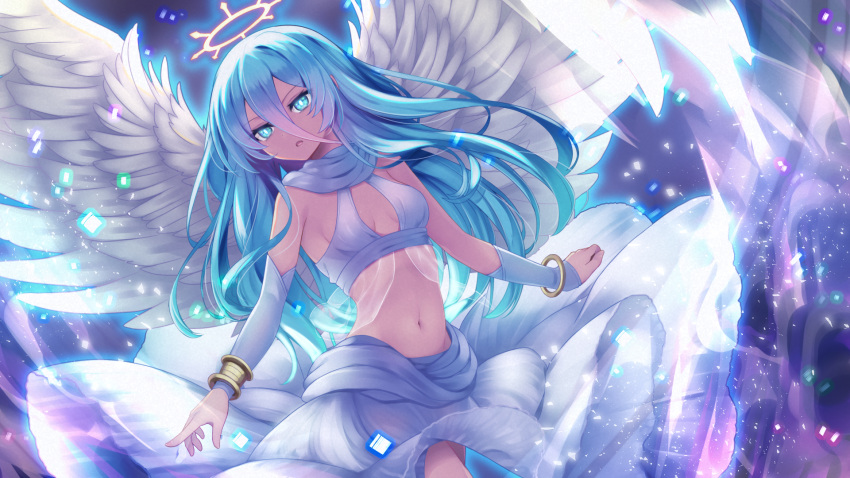 1girl angel_wings aqua_eyes aqua_hair arm_warmers breasts cleavage halo highres long_hair looking_at_viewer midriff navel original scarf solo wings yatsuki_yura