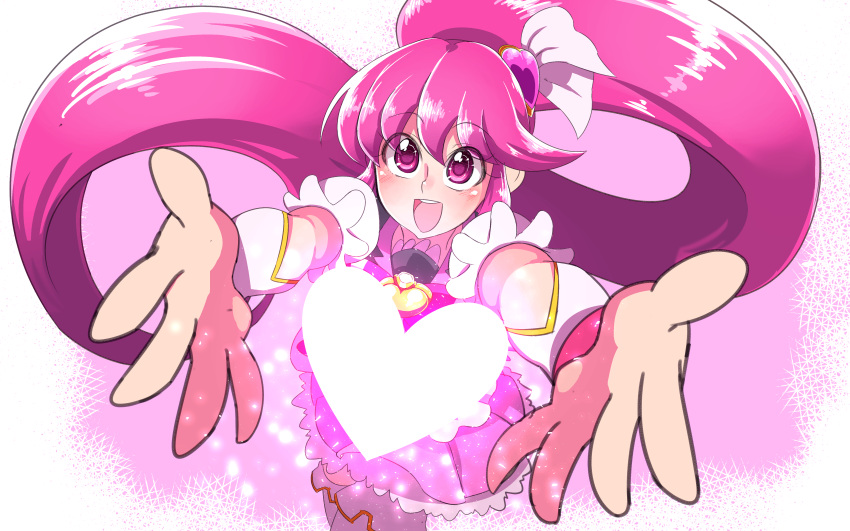 1girl :d absurdres aino_megumi brooch cure_lovely from_above hair_ornament happinesscharge_precure! happy heart heart_hair_ornament highres jersey_68 jewelry long_hair looking_at_viewer matching_hair/eyes open_mouth outstretched_hand pink pink_background pink_eyes pink_hair pink_skirt precure skirt smile solo thigh-highs white_legwear wrist_cuffs