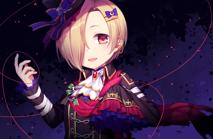 1girl :d ascot bags_under_eyes black_hat black_jacket black_shirt blonde_hair blush bow breasts brooch brown_eyes cape collared_jacket commentary_request ear_piercing earrings hair_over_one_eye hat hat_bow idolmaster idolmaster_cinderella_girls jacket jenevan jewelry long_sleeves looking_at_viewer mini_hat mini_top_hat open_mouth piercing purple_bow shirasaka_koume shirt short_hair skull sleeves_past_wrists small_breasts smile string top_hat two-tone_background upper_body white_ascot