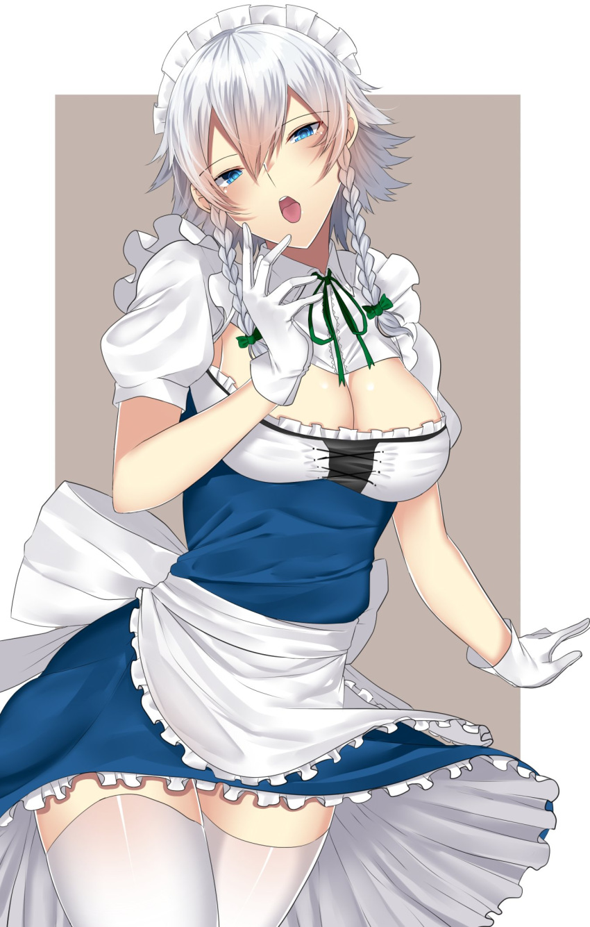 1girl apron bangs blue_eyes blush bow braid breasts cleavage cowboy_shot eyebrows_visible_through_hair frilled_apron frills gloves green_bow green_ribbon hair_between_eyes hair_bow highres izayoi_sakuya looking_at_viewer maid maid_headdress medium_breasts multicolored multicolored_background neck_ribbon onineko-chan open_mouth ribbon short_sleeves side_braid silver_hair solo thigh-highs touhou twin_braids two-tone_background waist_apron white_apron white_gloves white_legwear zettai_ryouiki