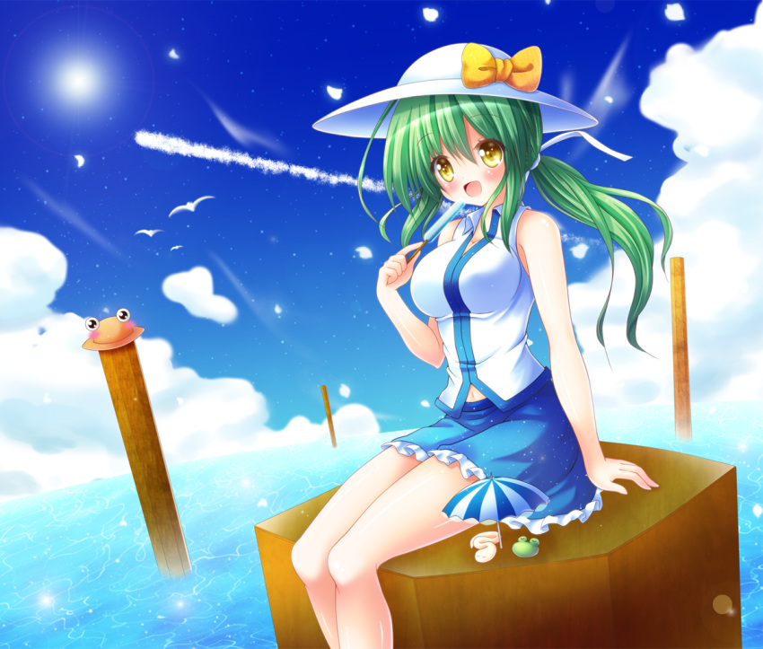 1girl :d bare_shoulders beach_umbrella blue_skirt blue_sky blush bow breasts cleavage clouds commentary_request food frog_hair_ornament green_hair hair_ornament hair_ornament_removed hair_ribbon hat hat_bow kochiya_sanae large_breasts lens_flare long_hair looking_at_viewer navel onbashira open_mouth osashin_(osada) ponytail popsicle pyonta ribbon shirt sitting skirt sky sleeveless sleeveless_shirt smile snake_hair_ornament solo sun touhou umbrella yellow_eyes