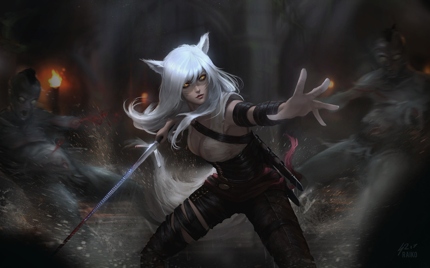 1girl ahri animal_ears breasts cleavage corset crossover fighting_stance fox_ears fox_tail league_of_legends long_hair monster raikoart solo solo_focus sword tail the_witcher weapon whisker_markings white_hair yellow_eyes