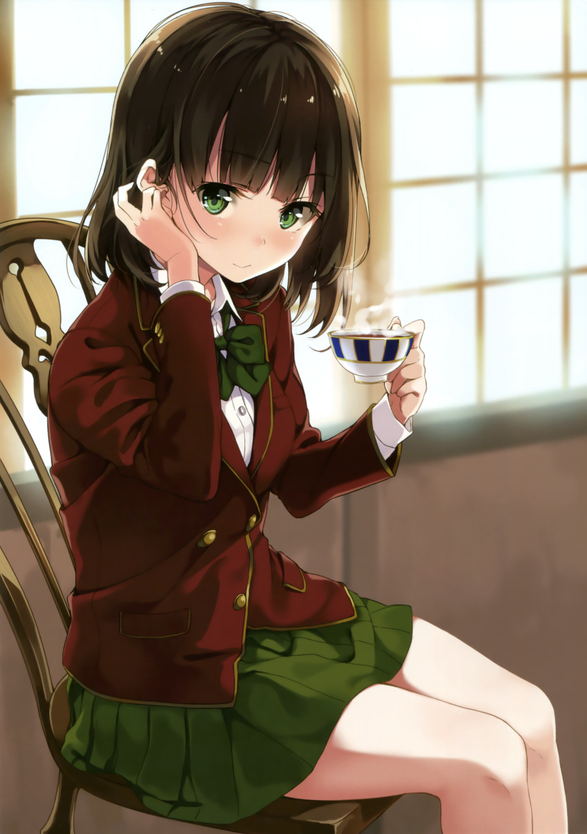 1girl absurdres bangs blunt_bangs bow bowtie breasts brown_hair buttons chair closed_mouth collared_shirt cup day green_bow green_bowtie green_eyes green_skirt hair_tucking hand_to_head hands_up highres holding holding_cup indoors jacket long_sleeves miniskirt original pleated_skirt red_blazer red_jacket school_uniform shirt short_hair sitting skirt solo steam teacup unasaka_ryou white_shirt window